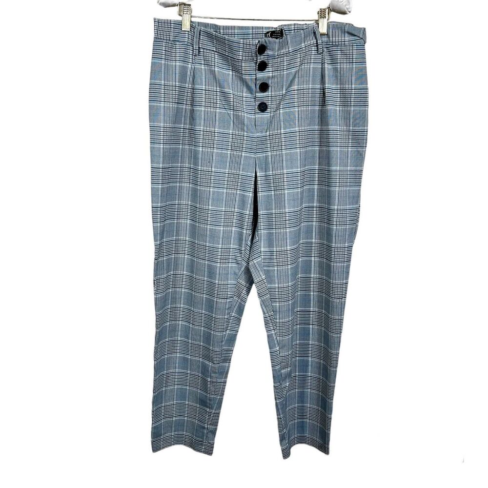 Zara women grey plaid pants button closure 2 front pockets  size XL academia